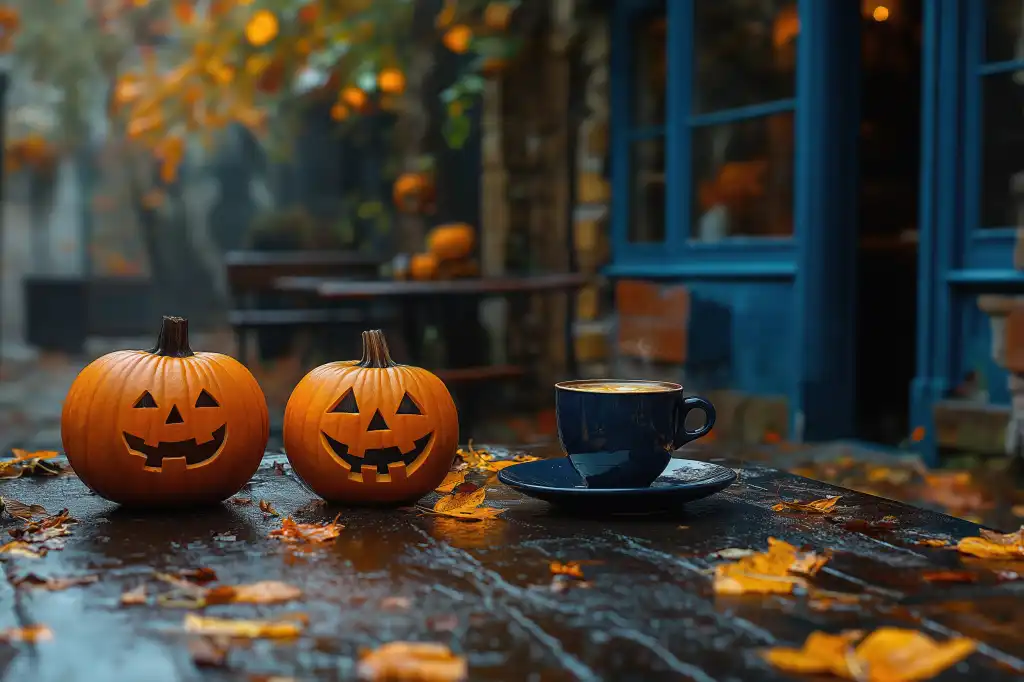 autumn still life in cafe with halloween pumpkins free image