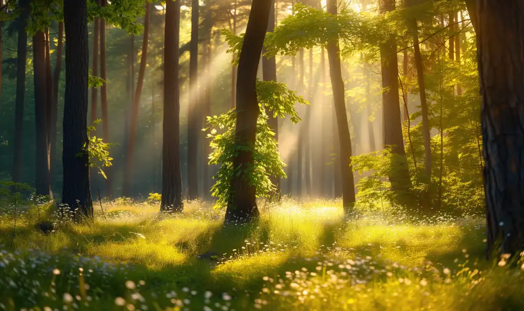 beautiful spring forest with sun rays and first flowers free photo