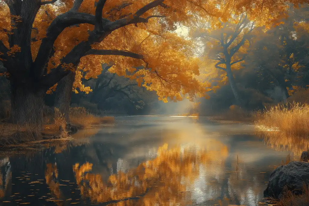 calm river in the middle of an autumn forest free image