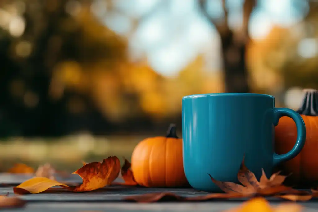 fall picture still life with a mug and pumpkins free image