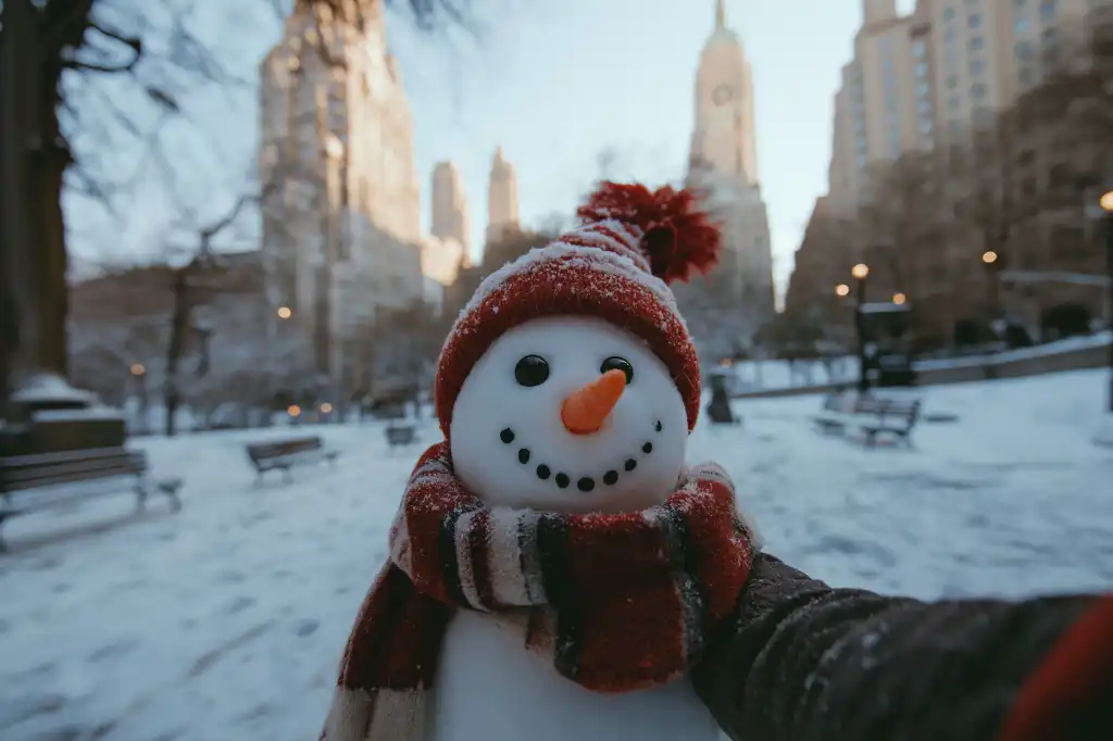 funny winter images snowman taking a selfie in a snowy park free image