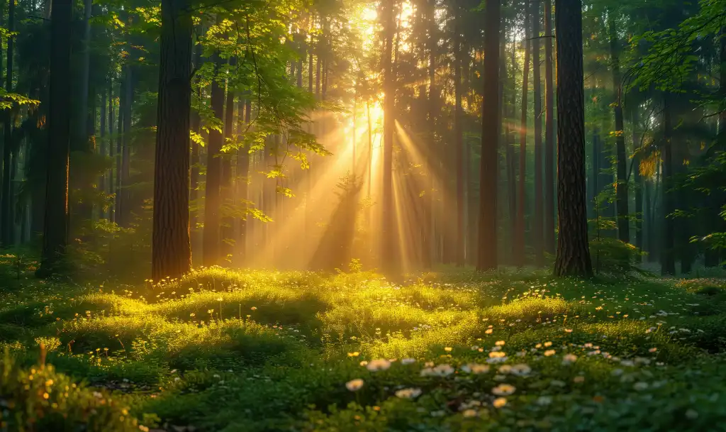 magical spring forest scenery during morning breeze free photo