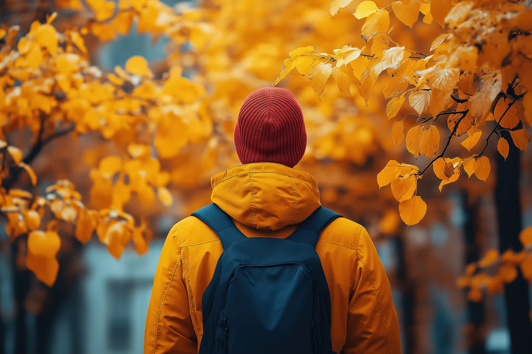 man with a backpack walking through autumn park free image