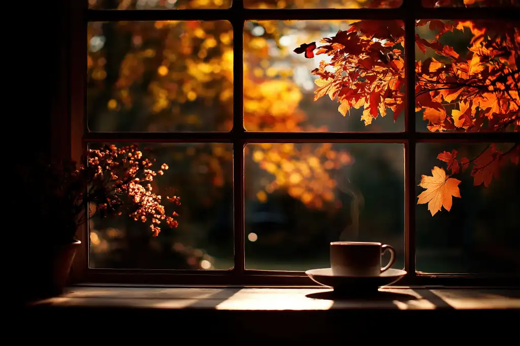 relaxing mood hot drink coffee with a view into fall garden free image