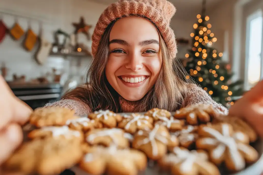 smiling happy woman showing freshly baked christmas cookies free image