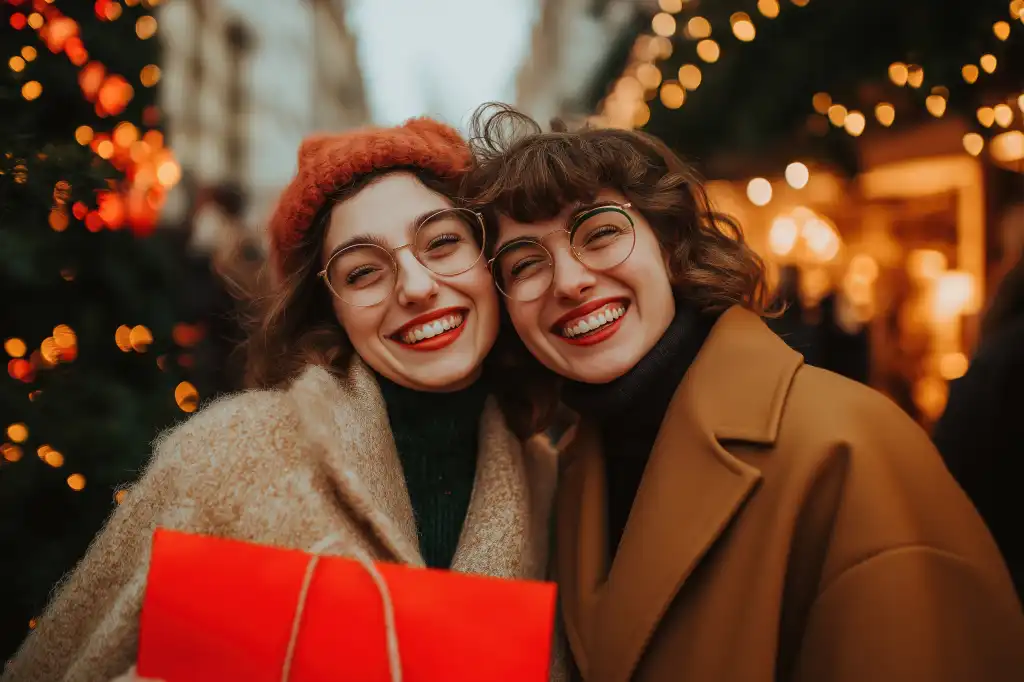 two smiling young women at christmas markets free image