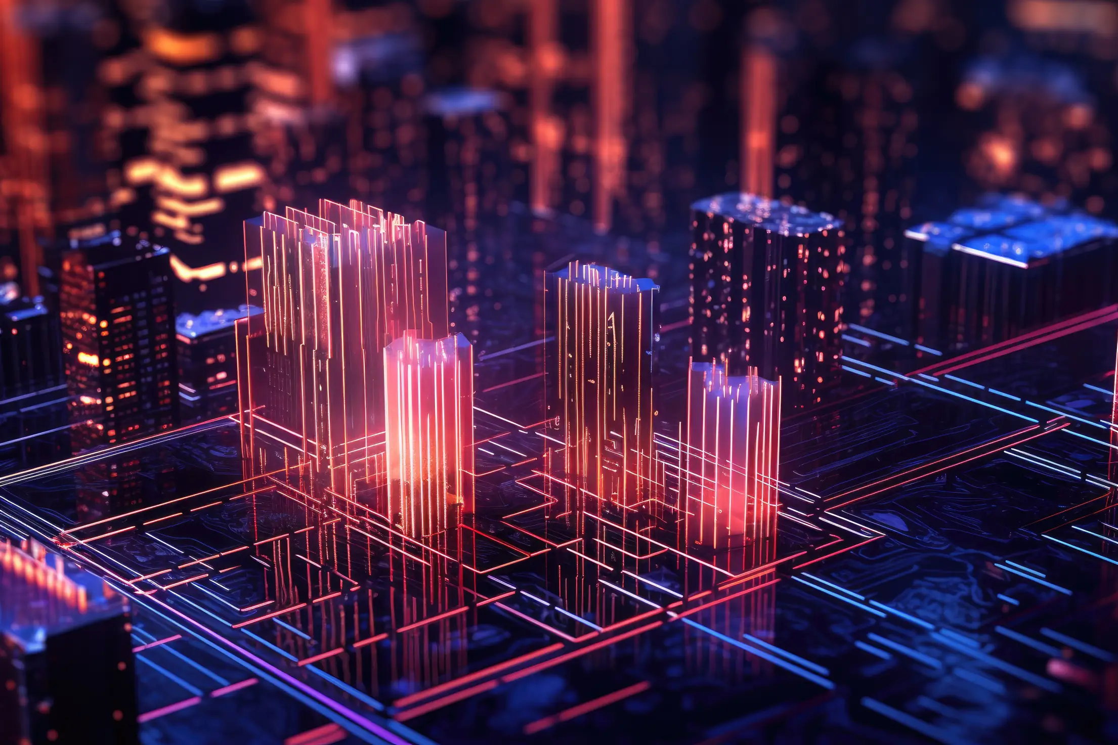 computer chip connections visualized as city skyscrapers free photo