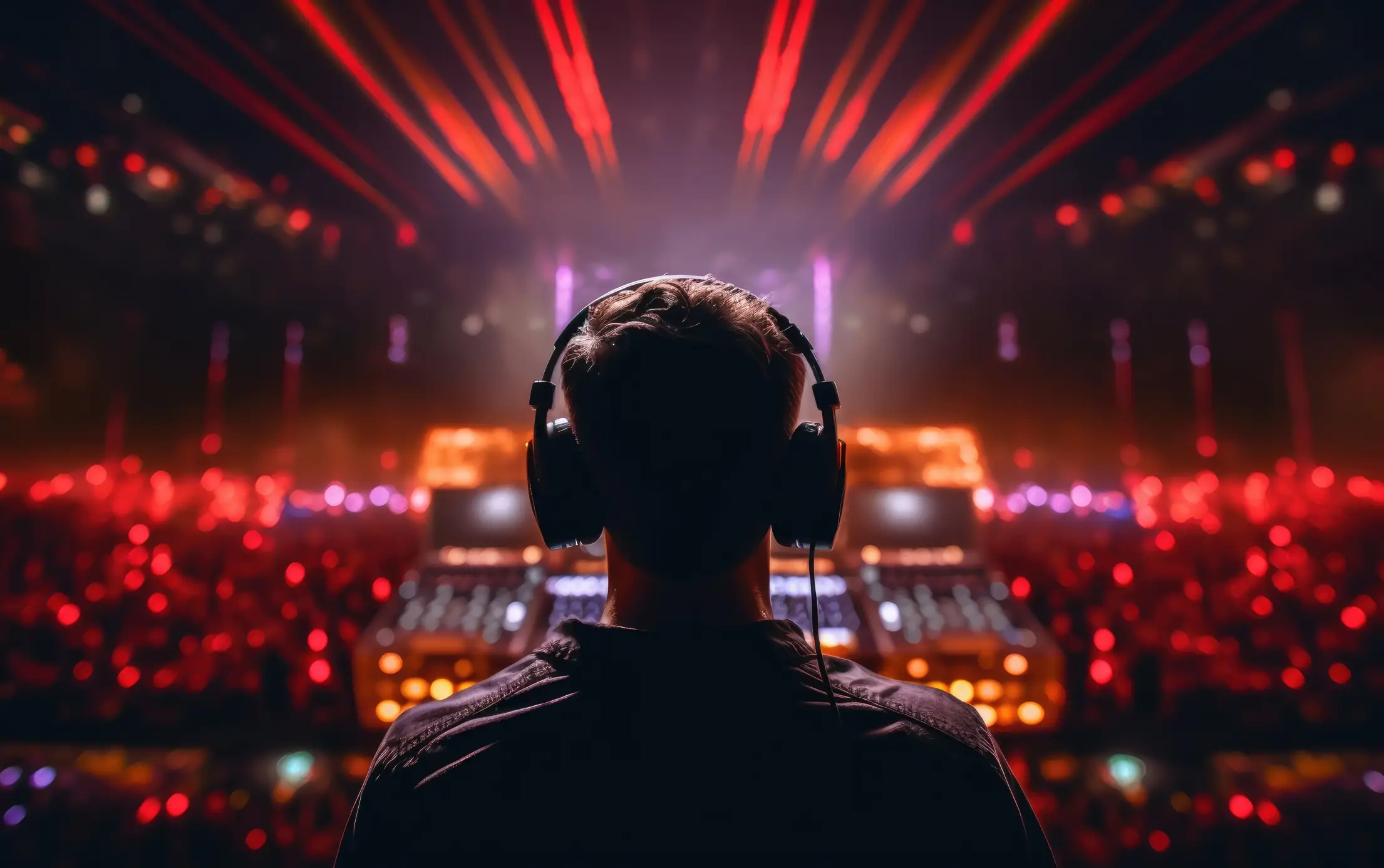 dj with headphones from behind at electronic music festival free photo