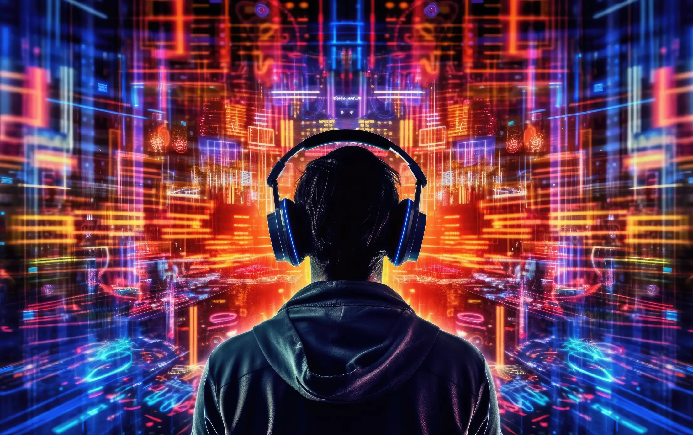 dj with headphones in crazy chaotic colorful digital world free photo