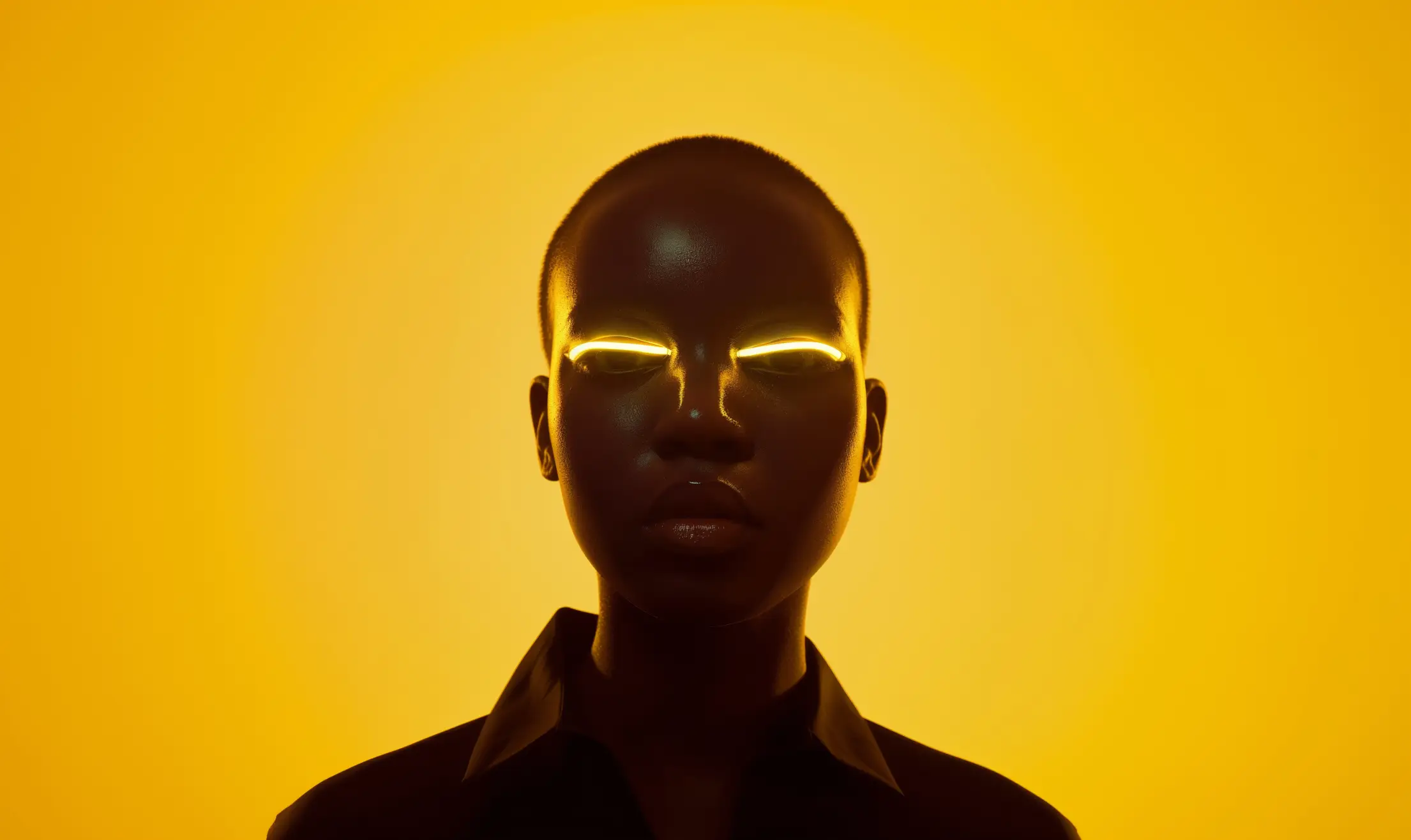 futuristic portrait of woman with glowing eyes and yellow background free image