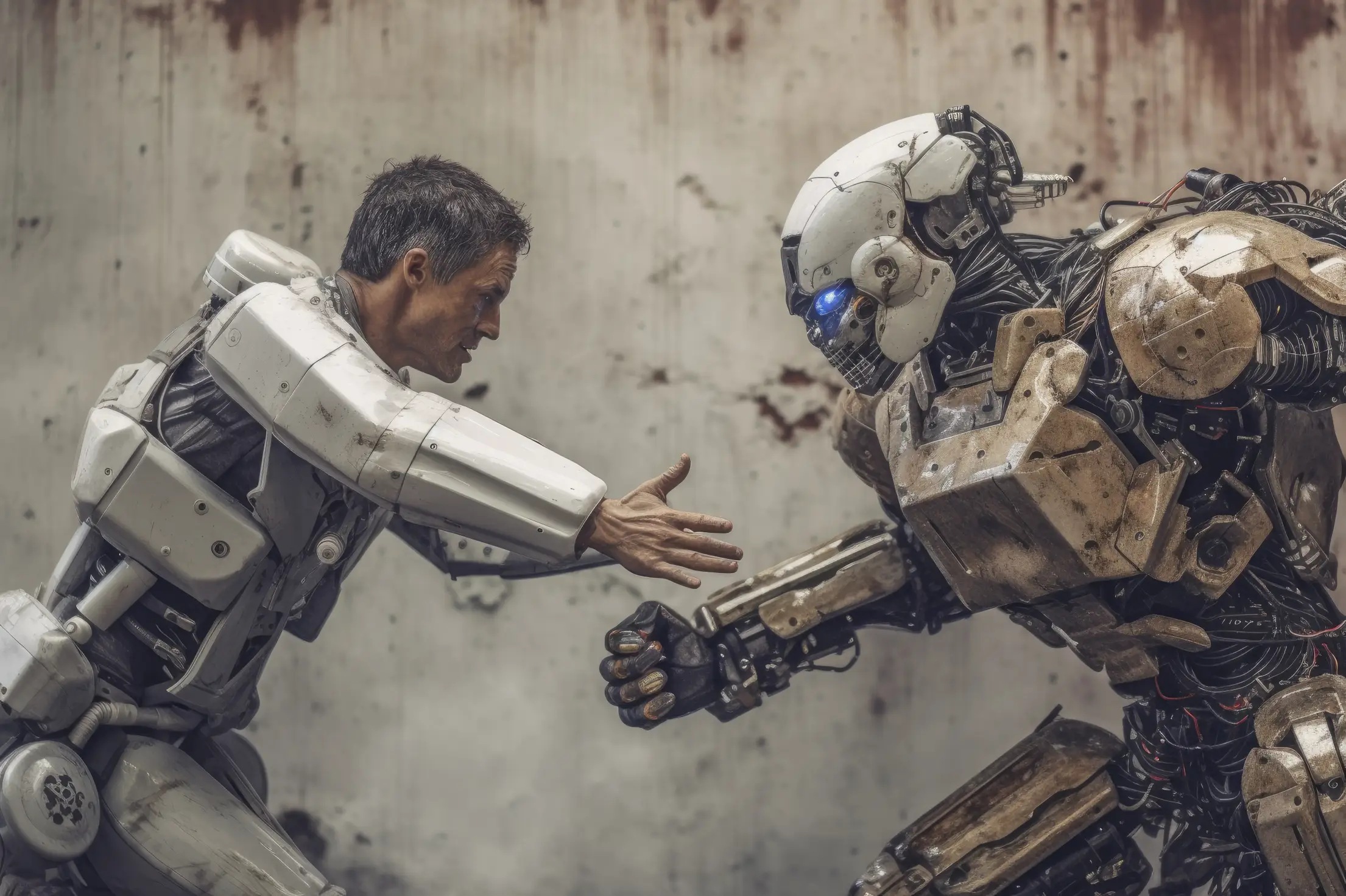 human like robot fighting against human free photo