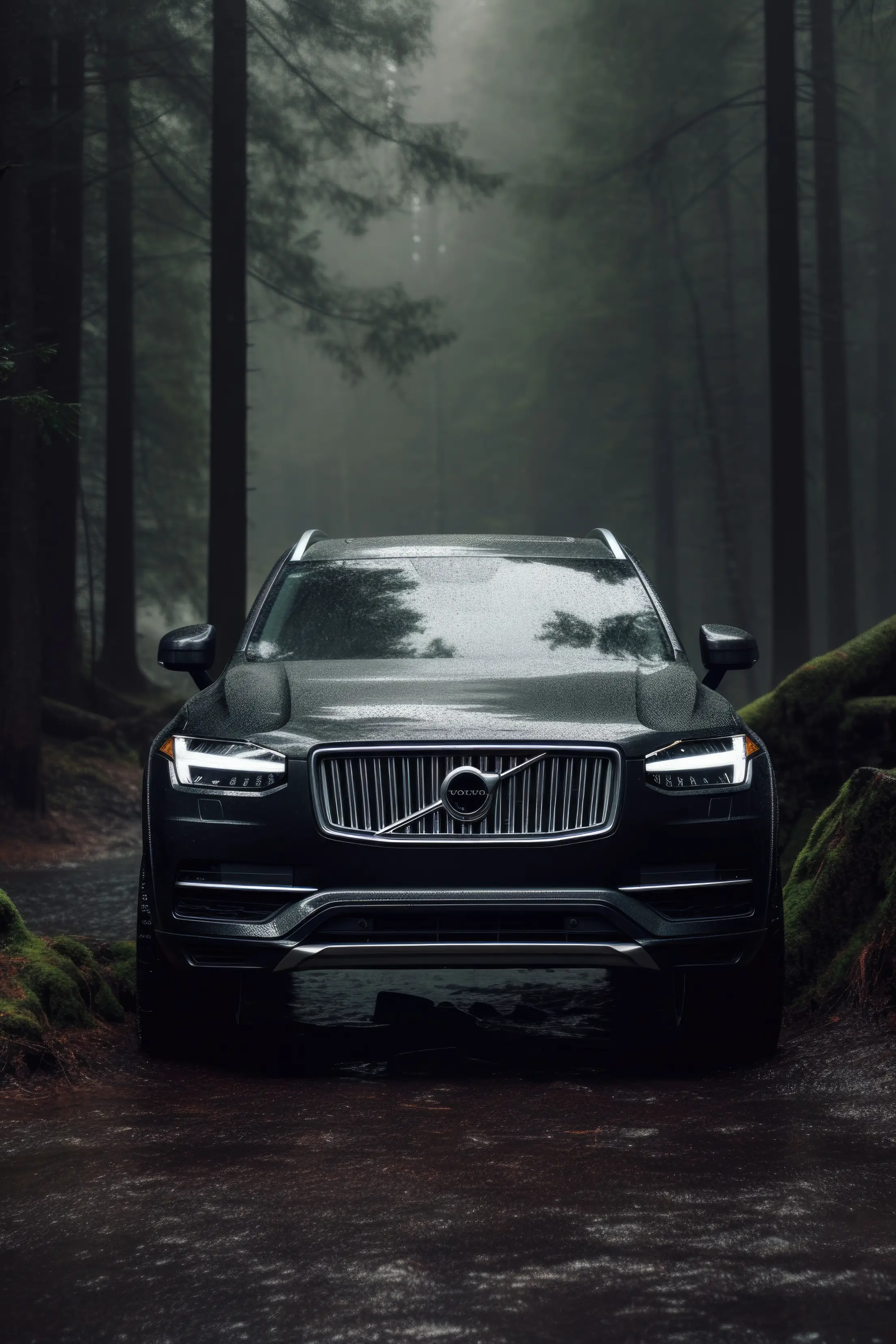 volvo xc90 front view in dark forest free photo