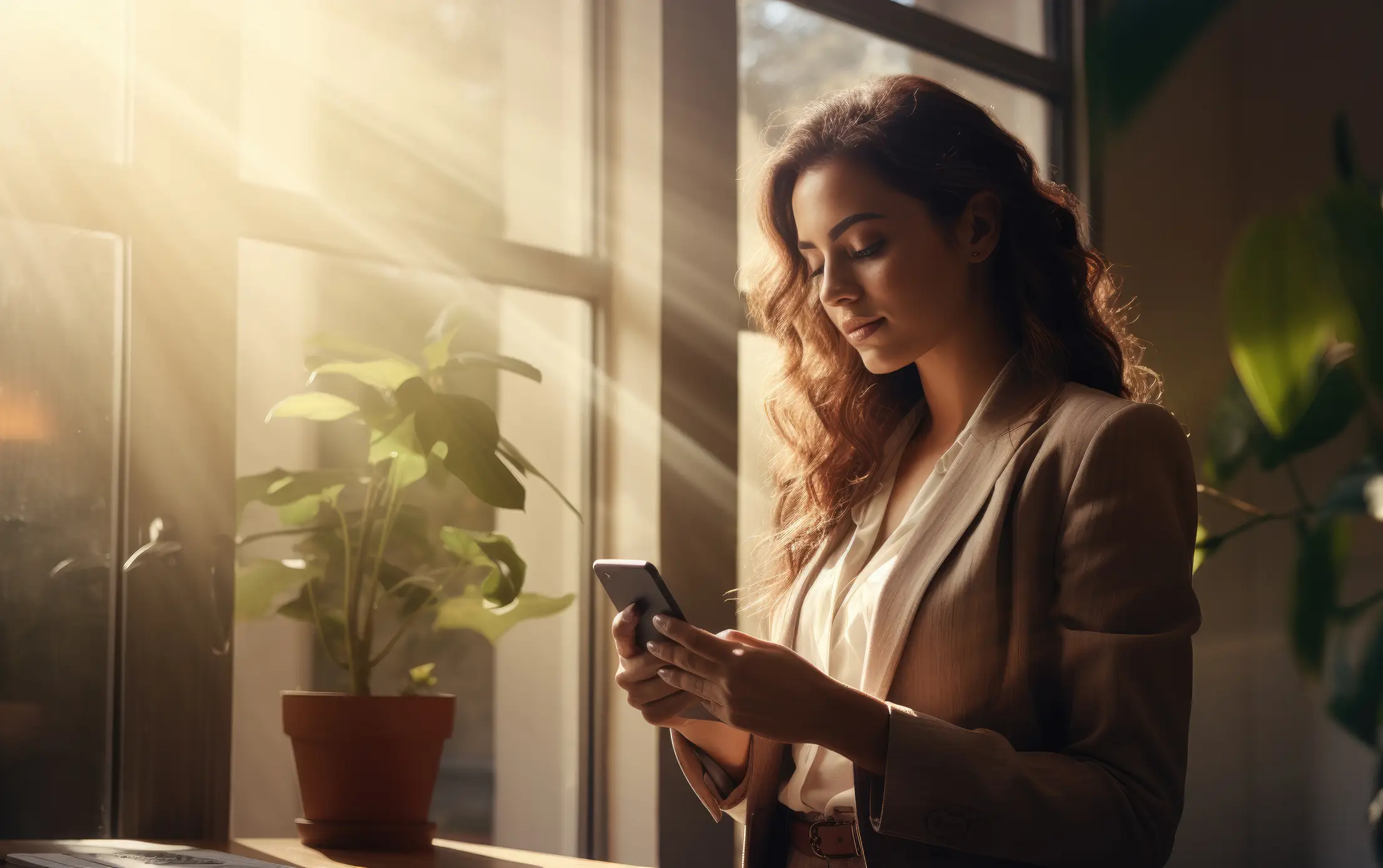 young brunette woman standing at windows and using her smartphone free photo