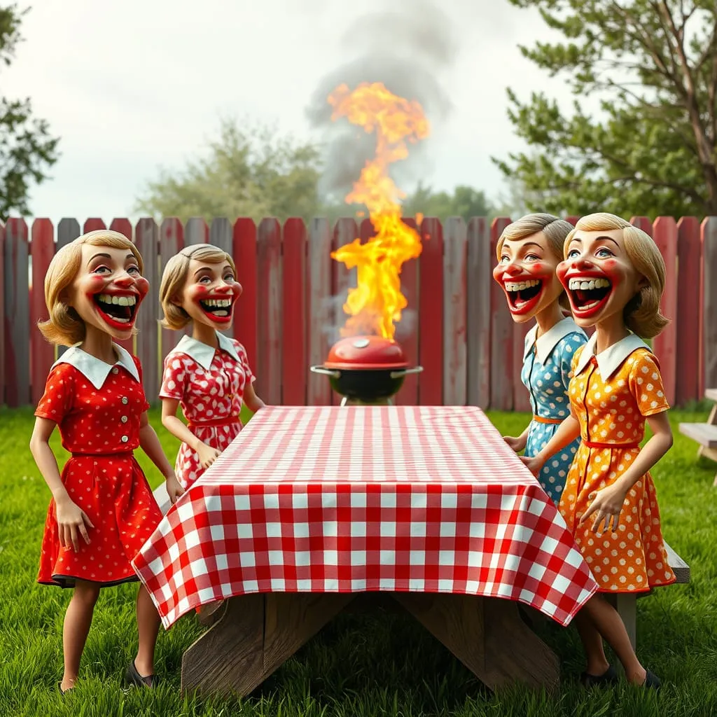 mise en place surreal dreamlike backyard barbeque scene uncanny people with plastic faces wearing vi