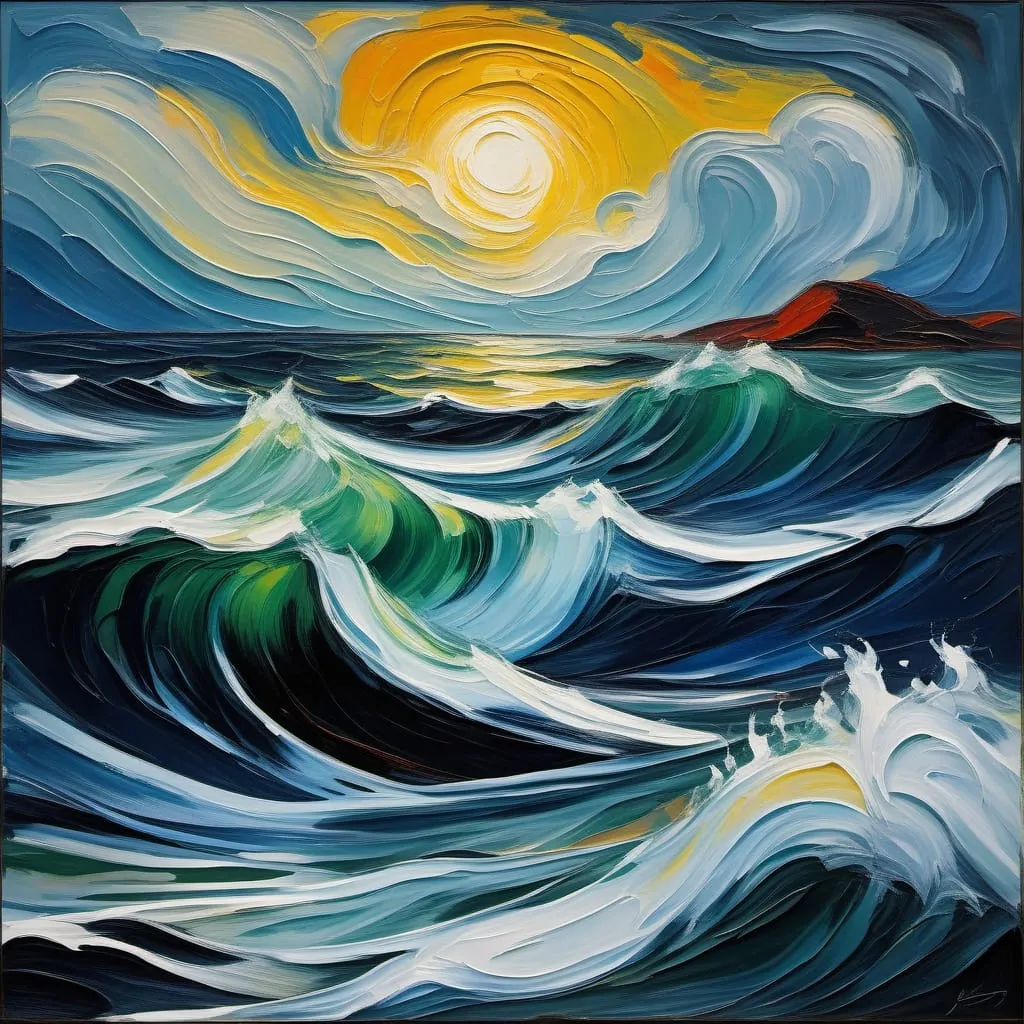 moody expressionist inspired seascape of a turbulent stormy ocean bold gestural brushstrokes and int