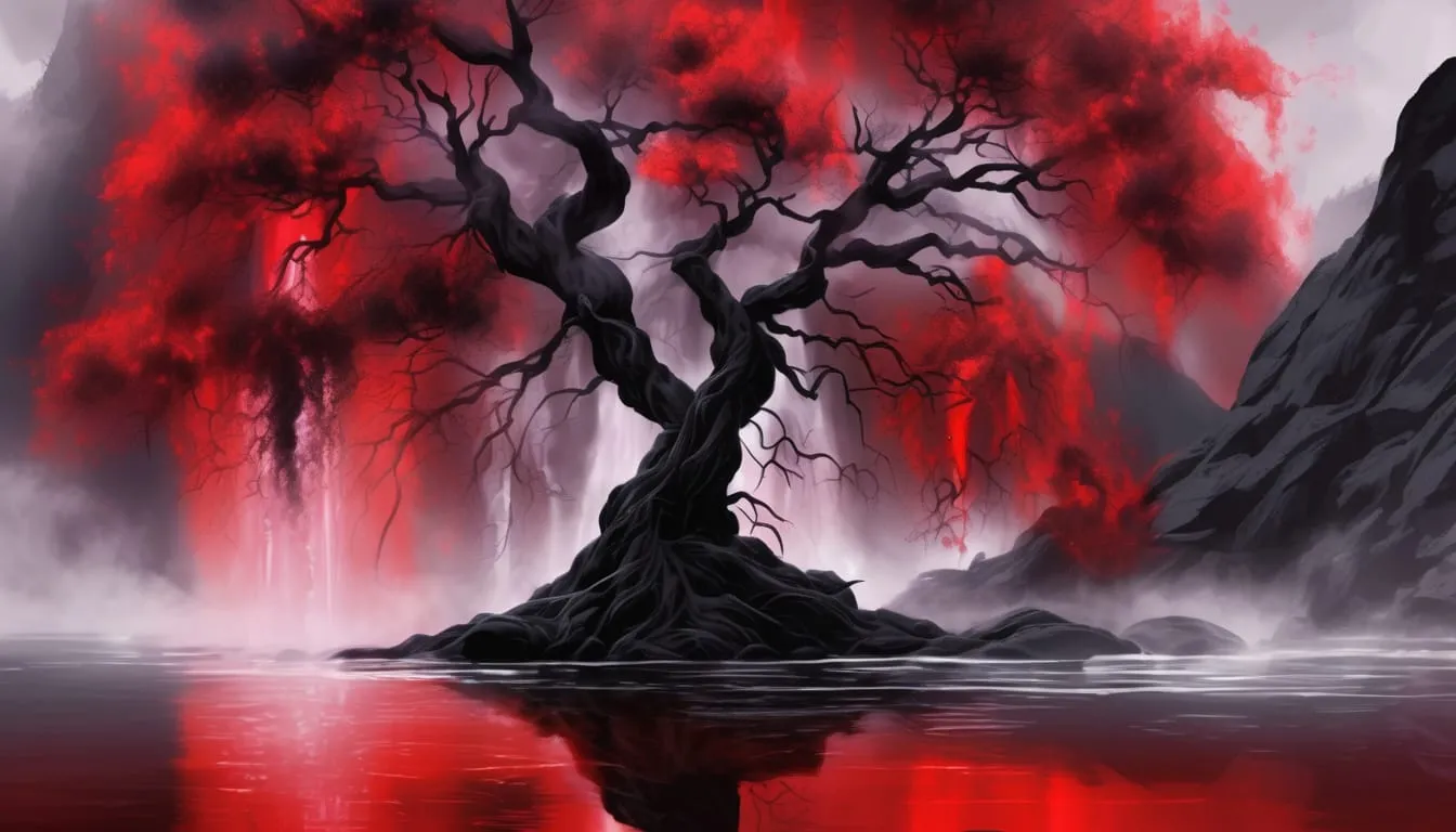 painting of a tree with black leaves near a red waterfall a digital painting fantasy art amazing dar