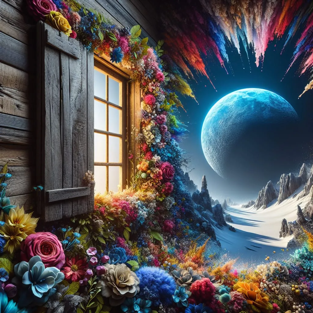 photo of a huts window covered by lush flowers with a view of a blue moon on a snowy island