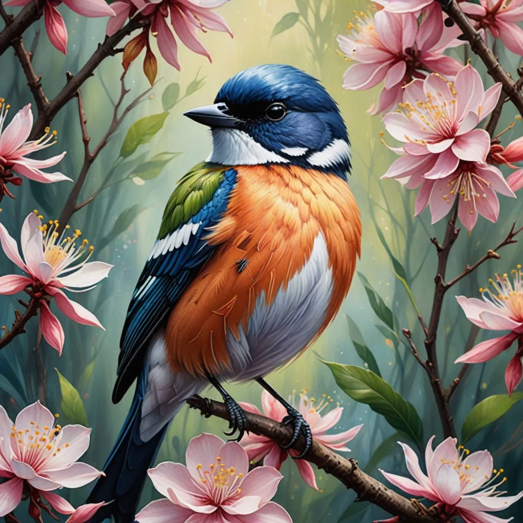 photorealistic detailed blossom bird portrait digital watercolor illustration by nickerson williams 