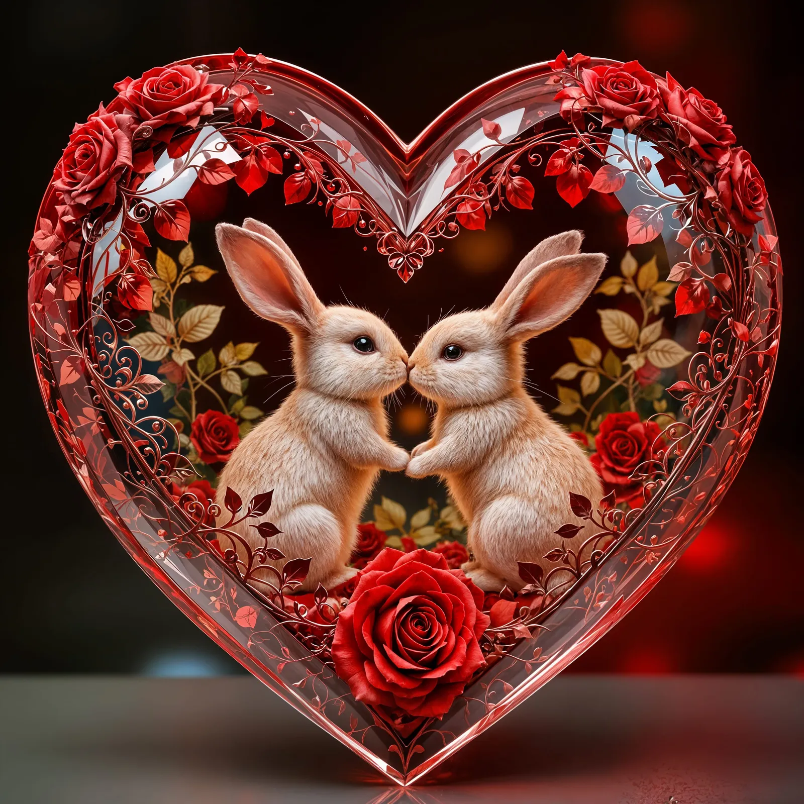 reddish hyperdetailed kissing rabbits inside transparent glass heart filigree roses