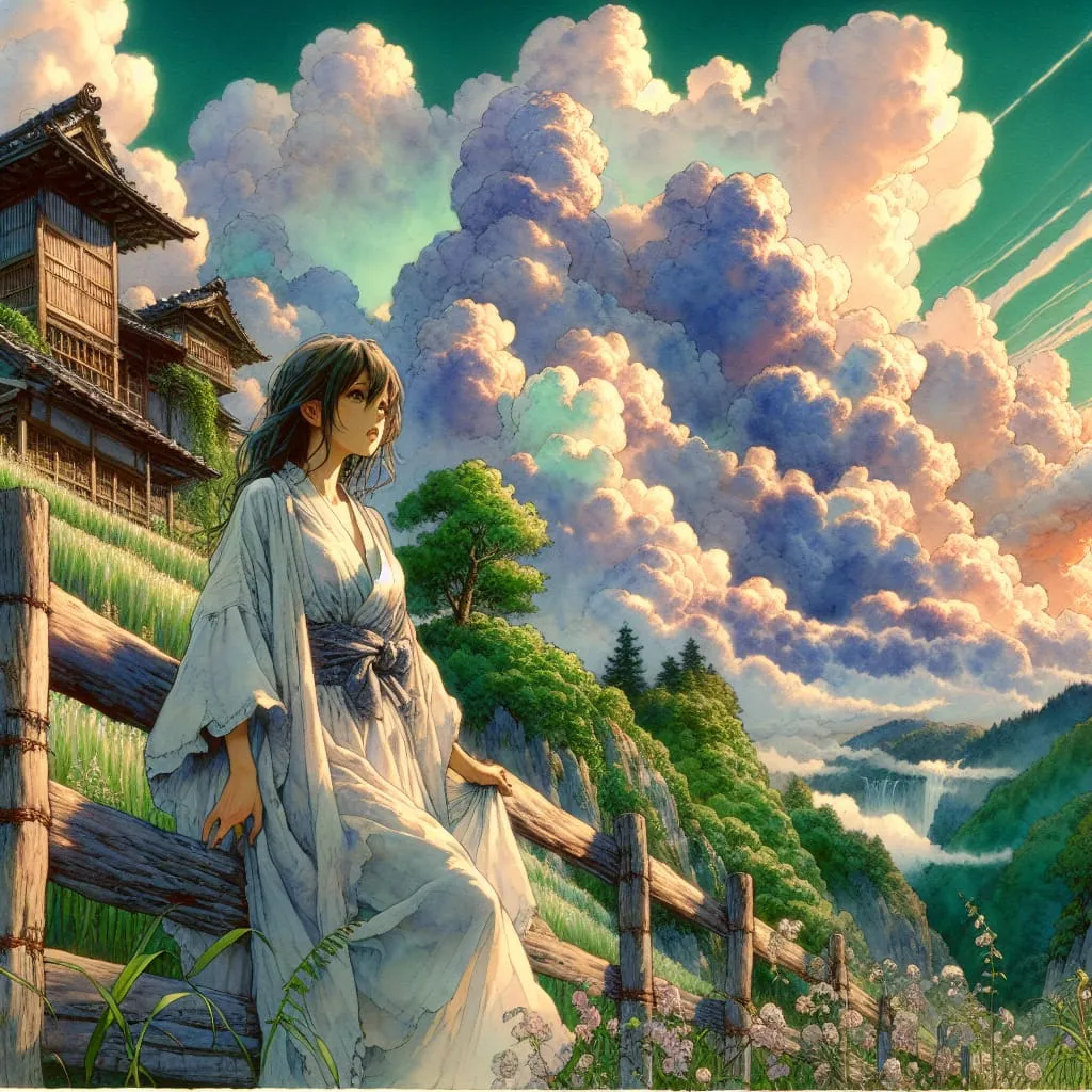 studio ghibli art style clouds above a little house on top of the green hill gentle wind the beautif