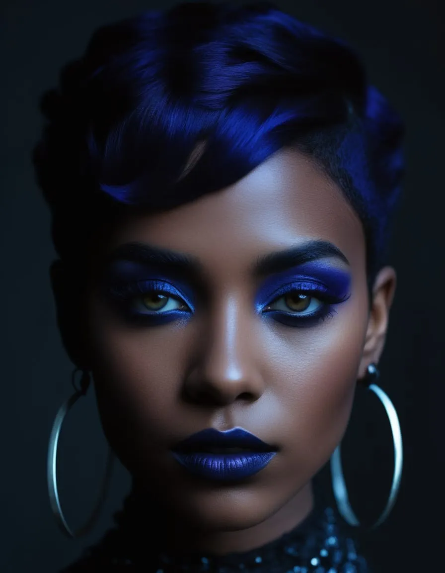 stunning portrait of beautiful gothic black woman with indigo blue hair and brown eyes with indigo b