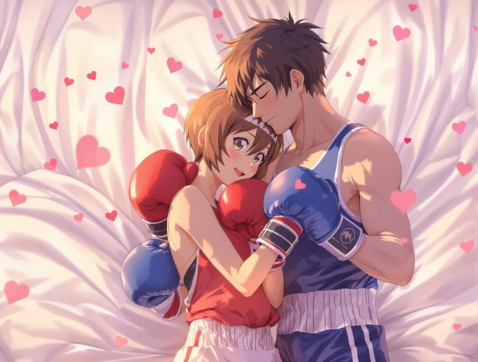 the geeky boy and the very attractive girl are cuddling still wearing their boxing gear its after al