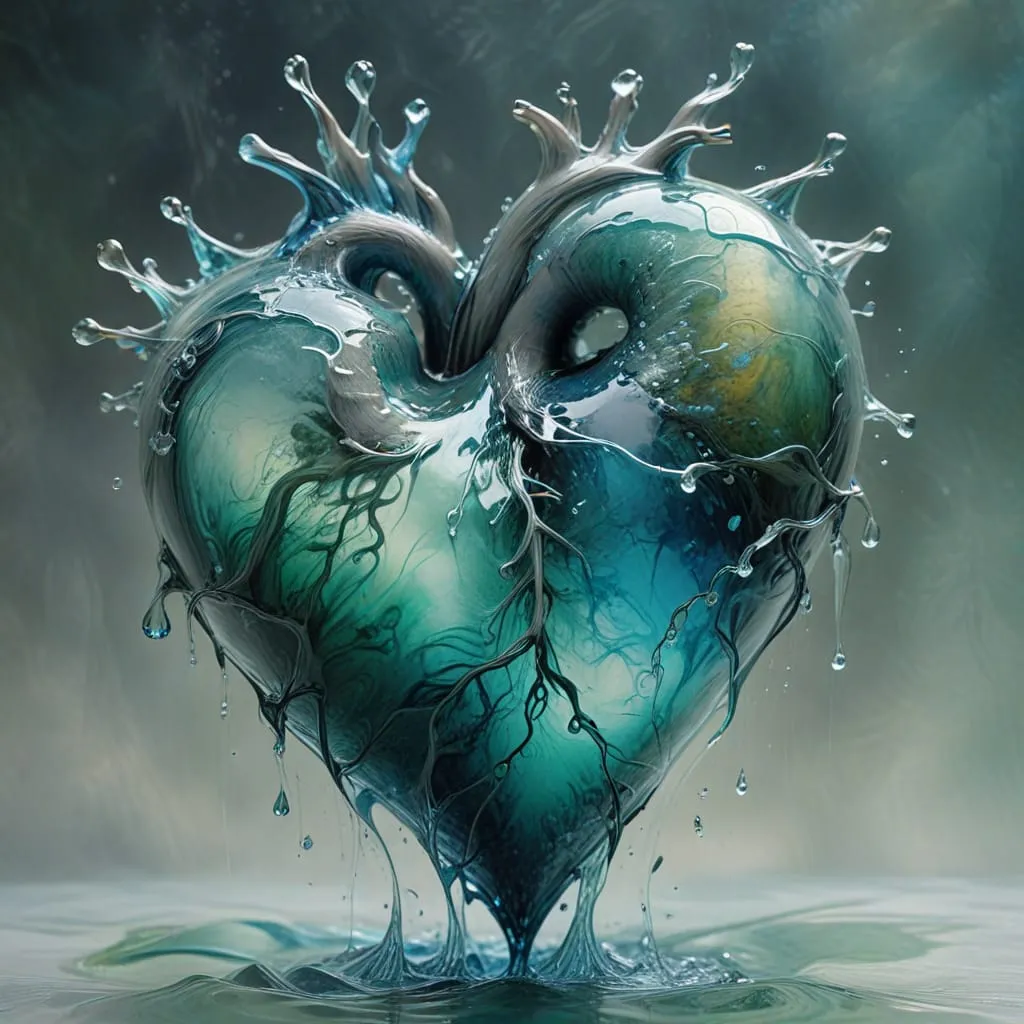 the heart made with water with vibrant colors of blue green and grey transforming the wispy heart et