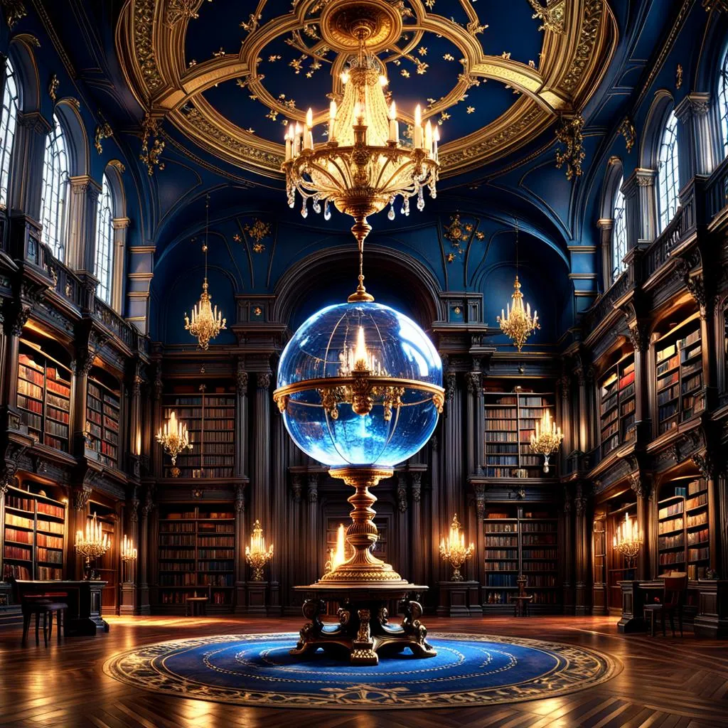 the library is a baroque architectural style with a crystal globe on the central floor and a beautif