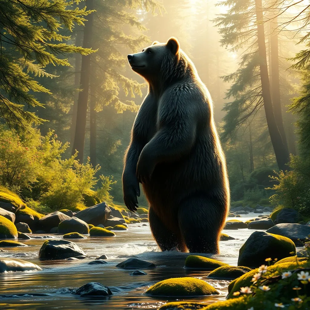 a beautiful life like image in 4k quality of a landscape setting with a large bear standing only on 