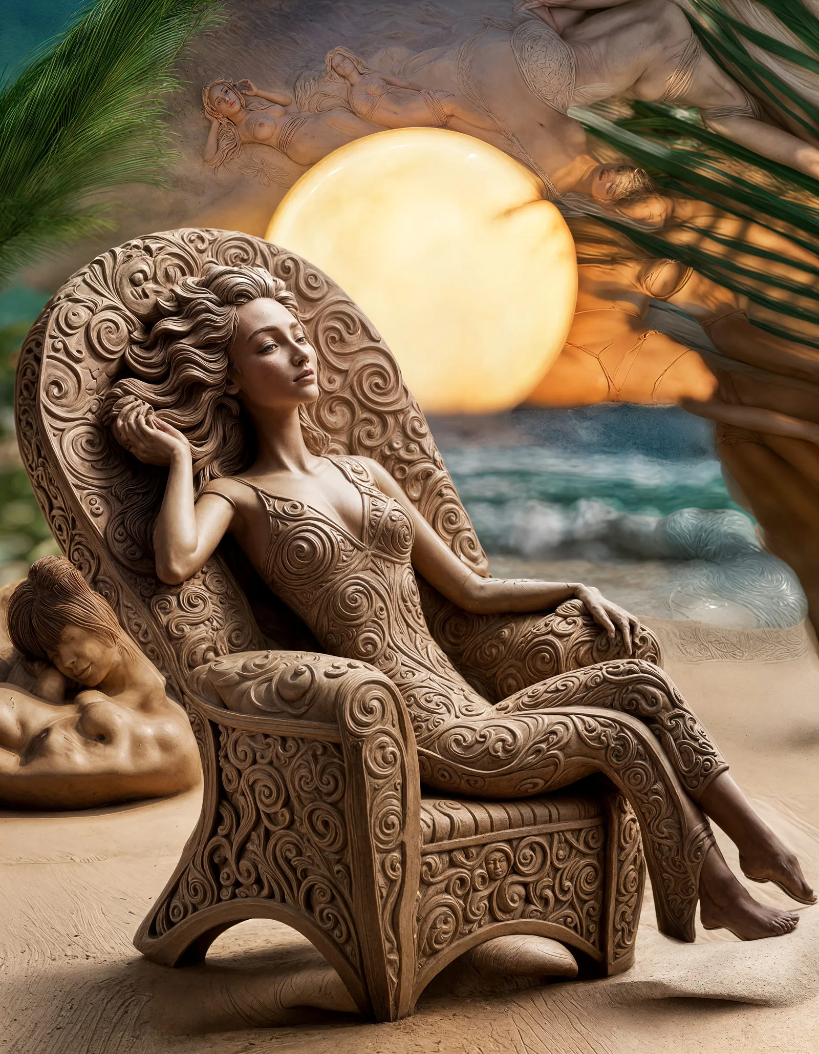 a beautifully sculpted clay figurine of a mature and elegant woman sunbathing on a lounge chair her 