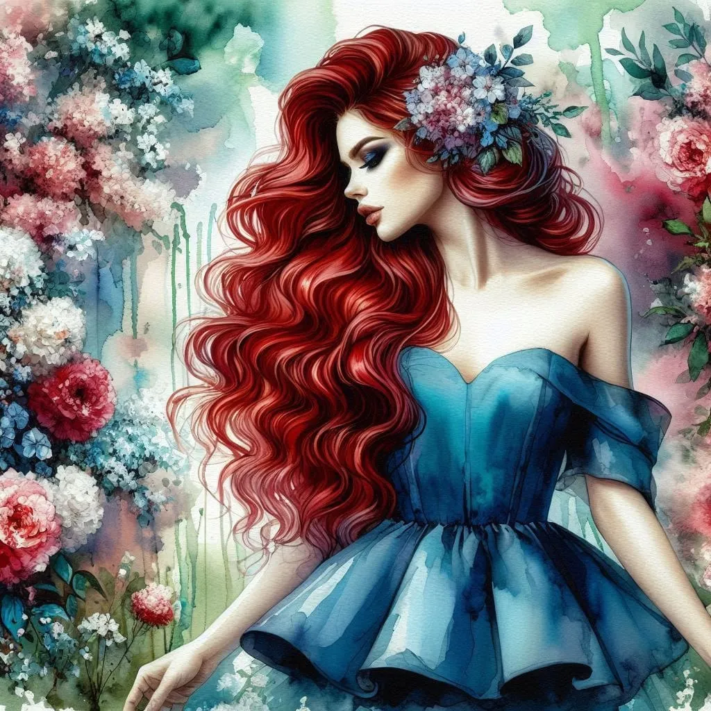 a beautiful woman with red wavy cascading hair dressed in a blue peplum style dress stands in the mi