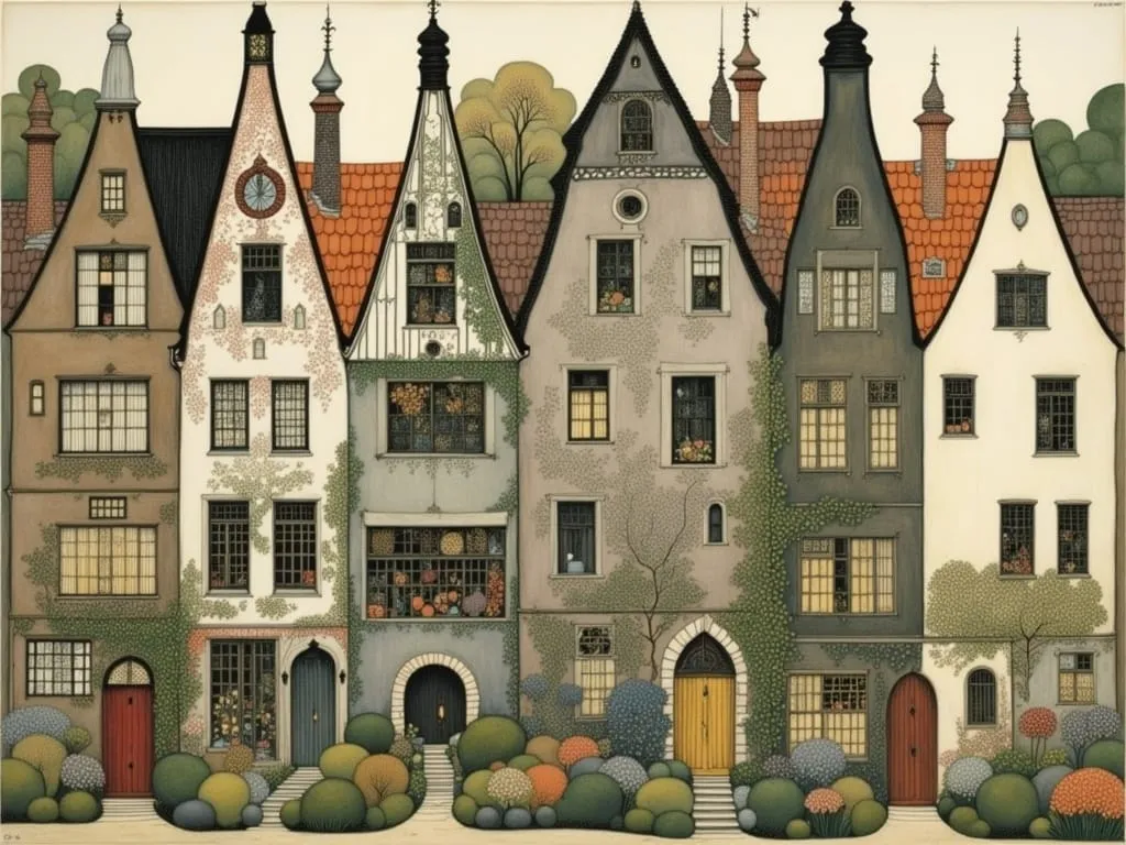 a cozy row of dutch houses in the evening light by w heath robinson mattias adolfsson and anton piec