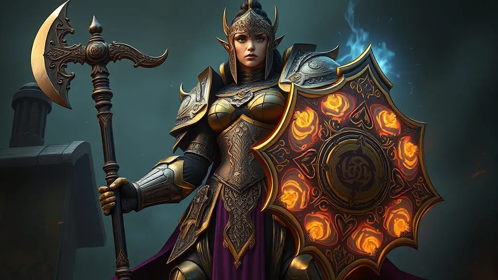 a female goliath clad in luxary sleek armor wielding a mace and glowing shield adorned with holy sym