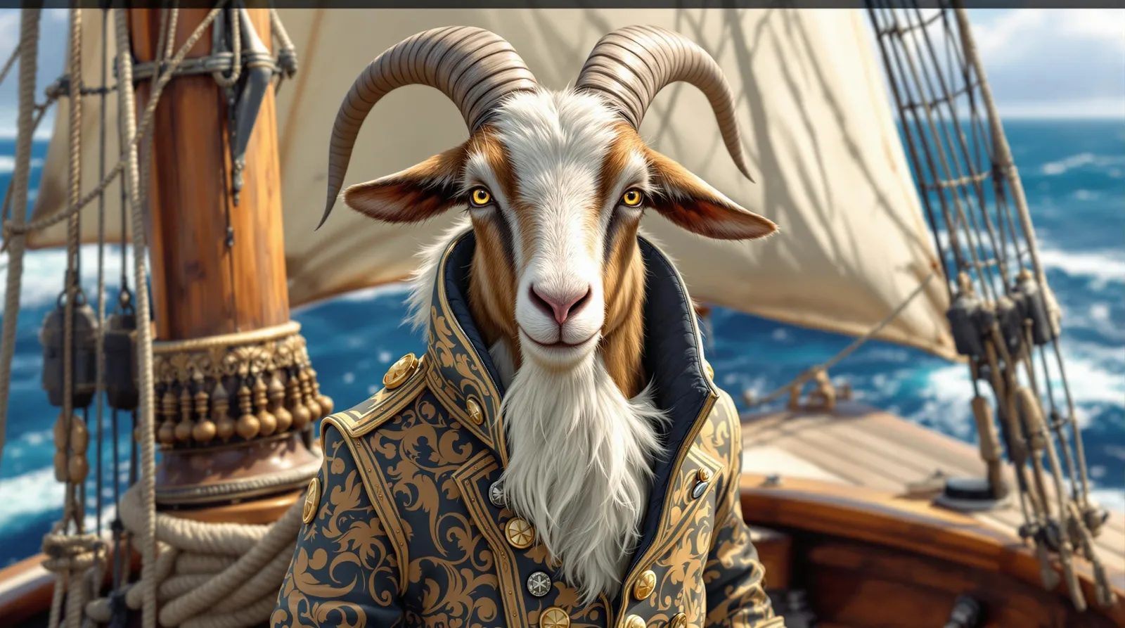 a goat in a coat on a boat will float