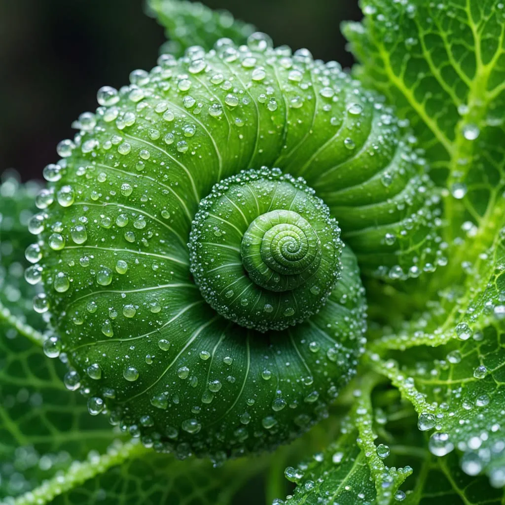 a green caterpillar curled up softly on the intricate fractal landscape of a romanesco cabbage leaf