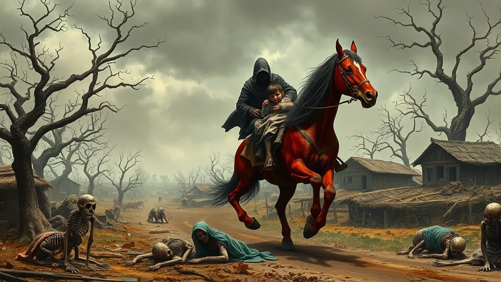 a grim scene of a ghostly rider on a deep red stallion galloping through a starving village people c