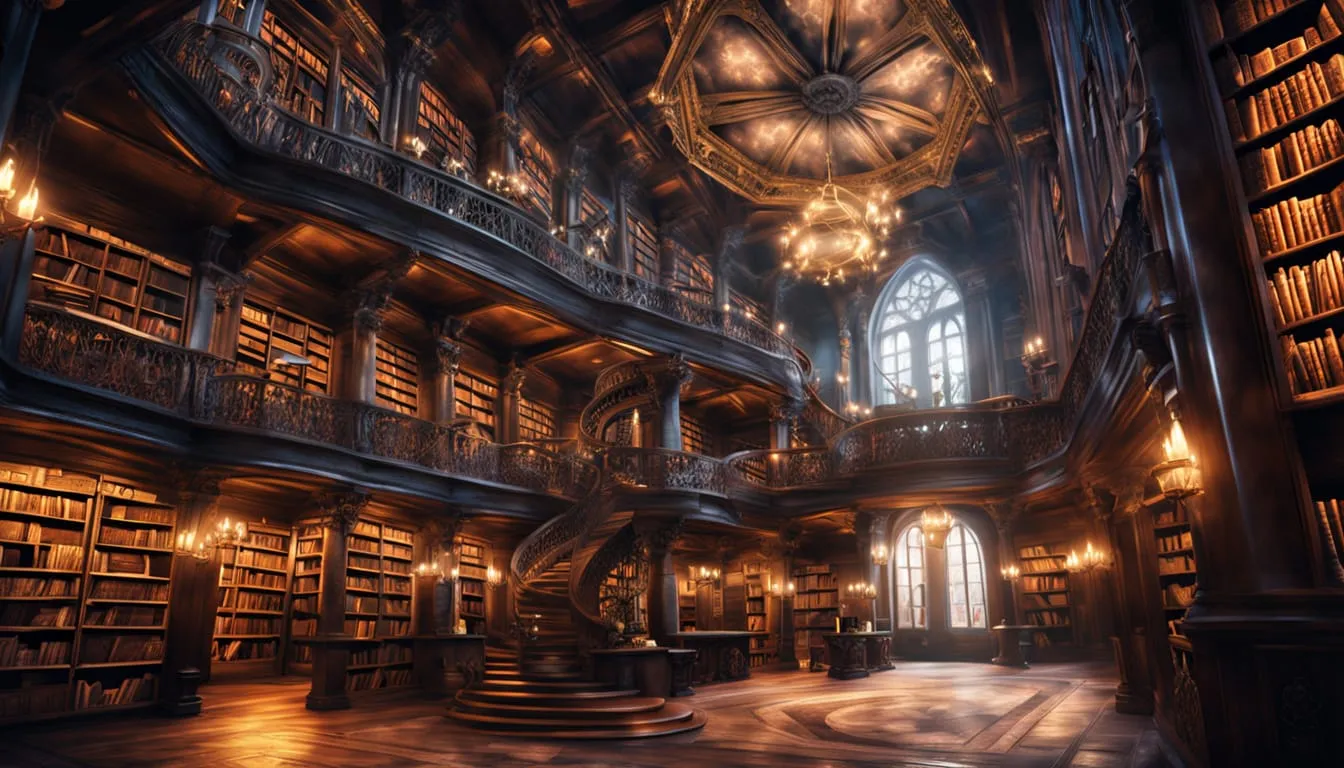 a large library with a spiral staircase and a sky filled ceiling gothic epic library magic library i