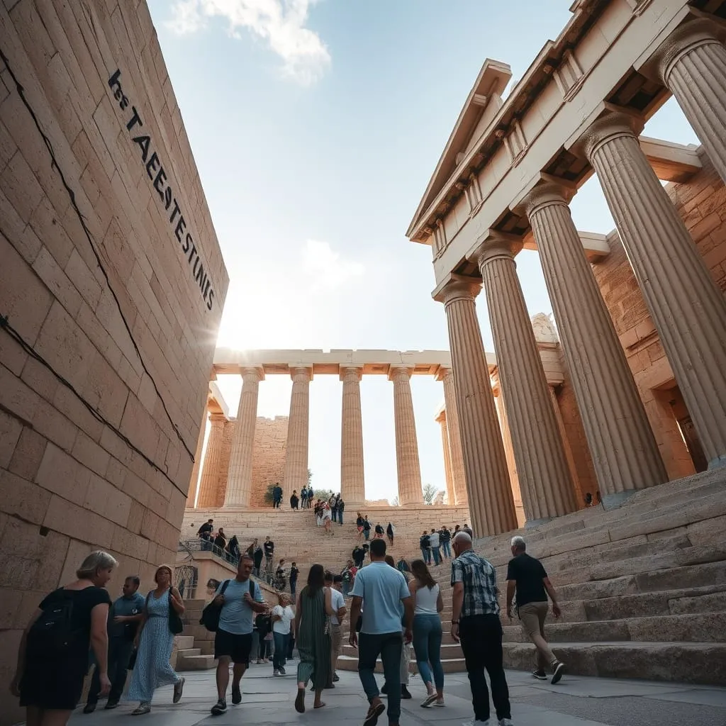 a low angle view of the acropolis showing people just getting on with their lives