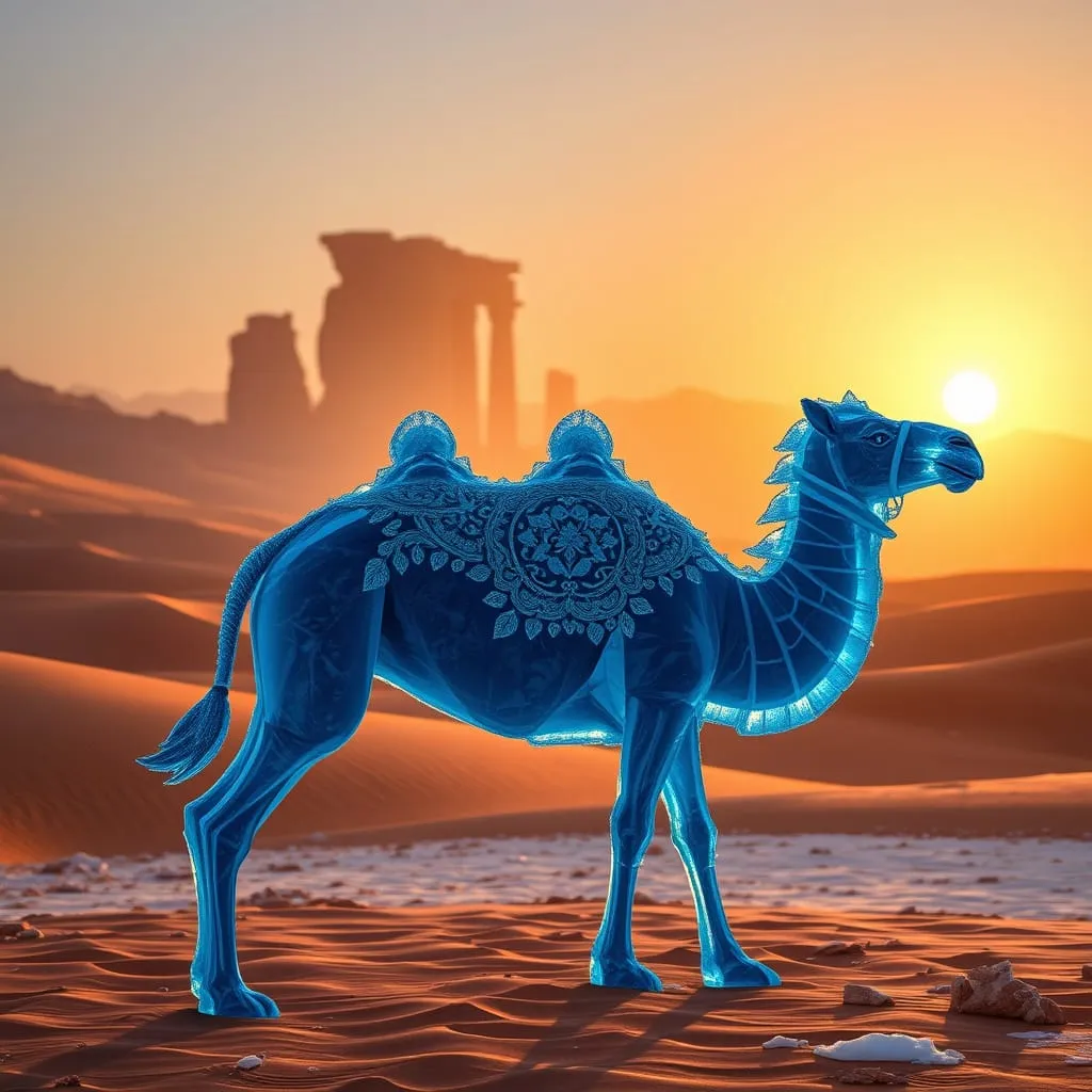 a majestic blue ice camel intricately sculpted with crystalline clarity stands serenely in the majes