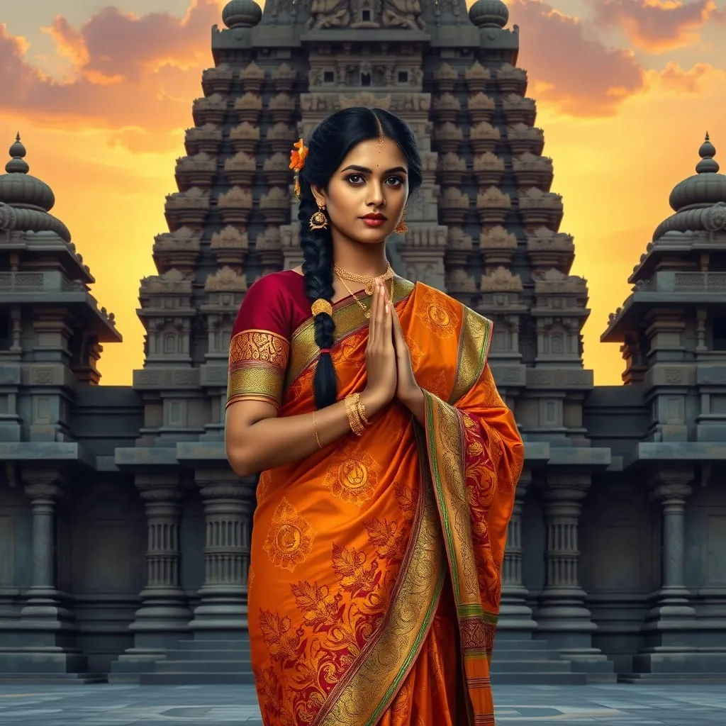 a majestic indian woman in a saree with temple