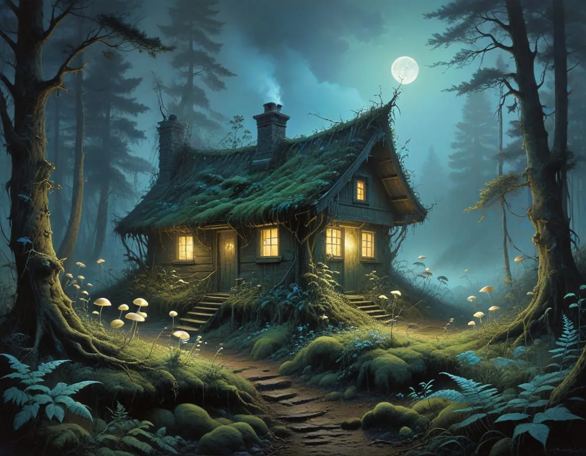 a mystical forest glowing with bioluminescent plants under a full moon with a small wooden cabin in 