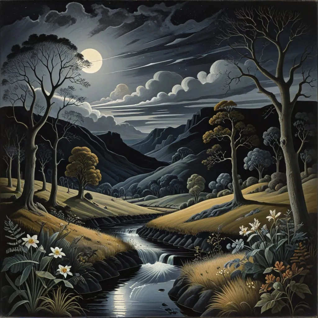 a painting by paul nash samuel palmer and georgia okeeffe of a nocturnal scene surreal landscape on 