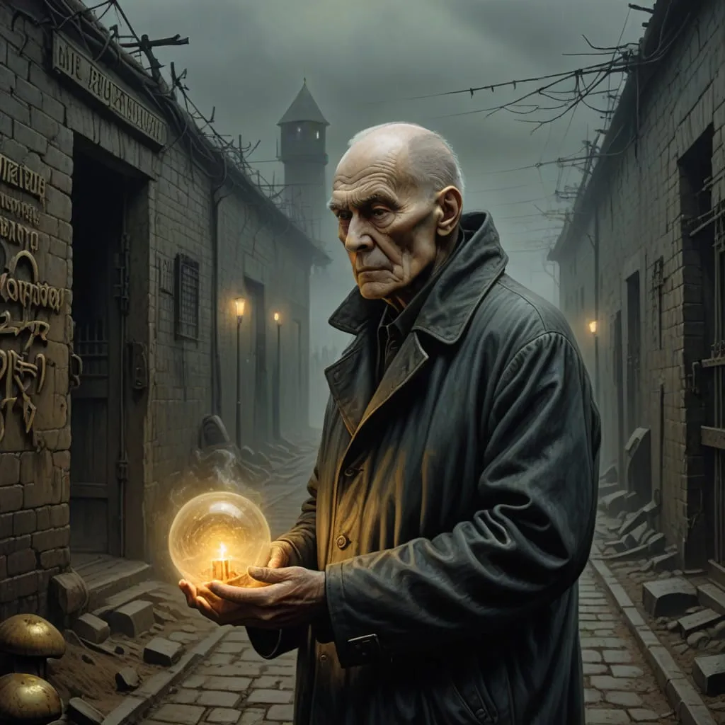 a picture of an old man with a shaved head and grey stubble holding a magic mushroom at the gates of