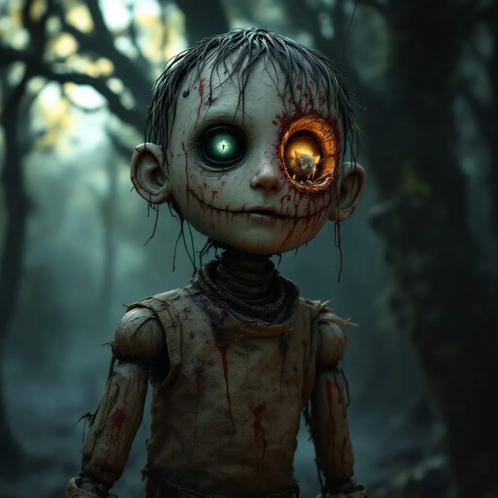 a puppet boy made of worn amd weathered wood one eye ablaze with baleful green light the other eye a