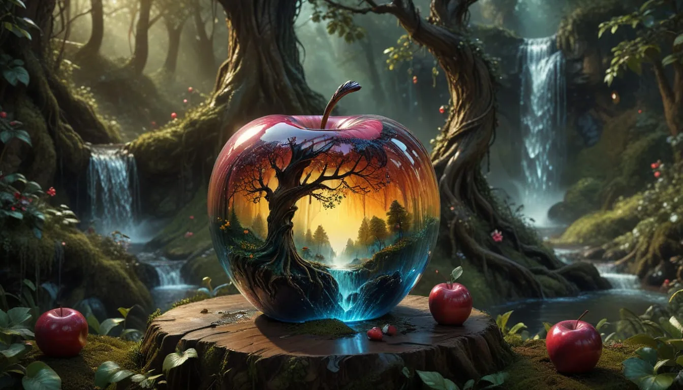 a shiny glass apple with a lovely enchanted forest inside it with trees and a waterfall outside of t