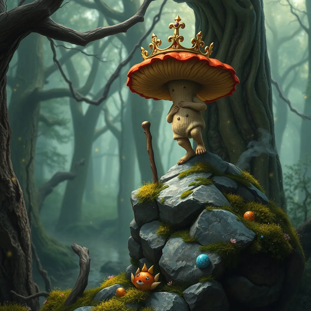 a small mushroom with a crown too big for him the crown is about to fall off his head as he is climb