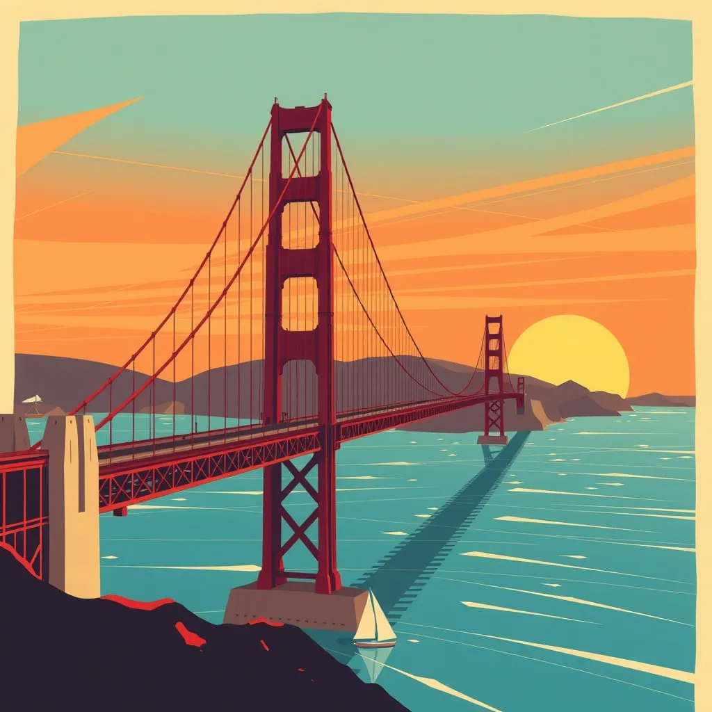 a stylized illustration of the iconic golden gate bridge in san francisco featuring bold graphic lin