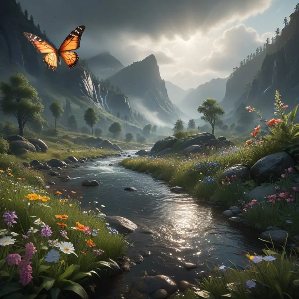 birds butterflies lush wildflower mountain river landscape complex contrast hdr sharp soft cinematic