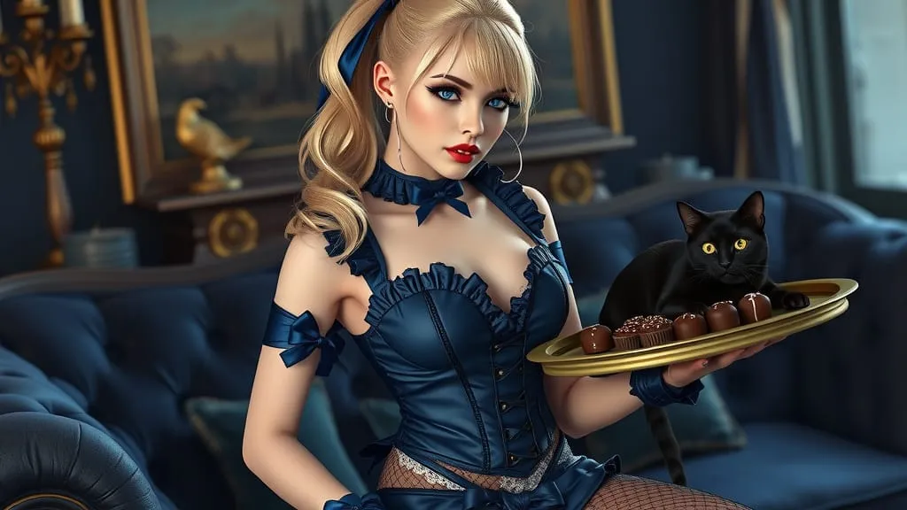 blonde maid lady and black cat