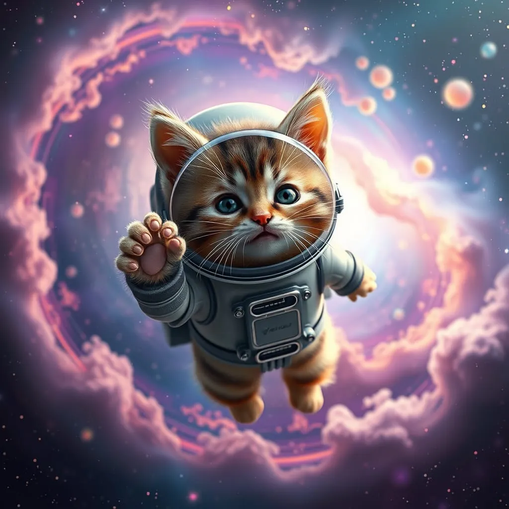 cute kitten in space suit out in outer space in a colorful galaxy in deep space waving his paw